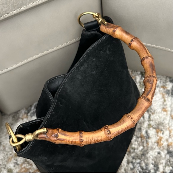 GUCCI BAMBOO HANDLE BLACK SUEDE LEATHER SATCHEL VINTAGE REHAB PROJECT BAG - Picture 2 of 16